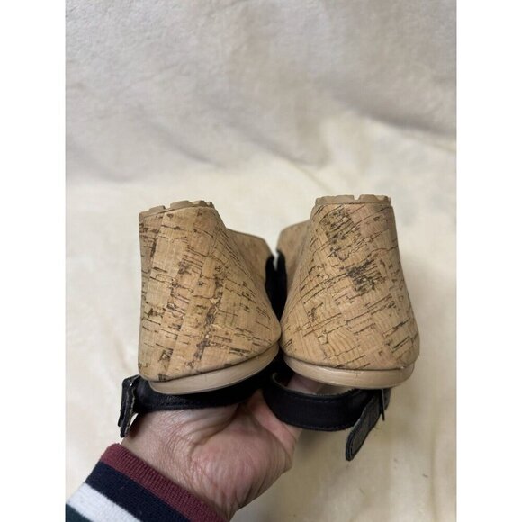 CROCS A-Leigh Black Leather Slingback Strap Cork Wedge Sandals Size 10 - Picture 8 of 12